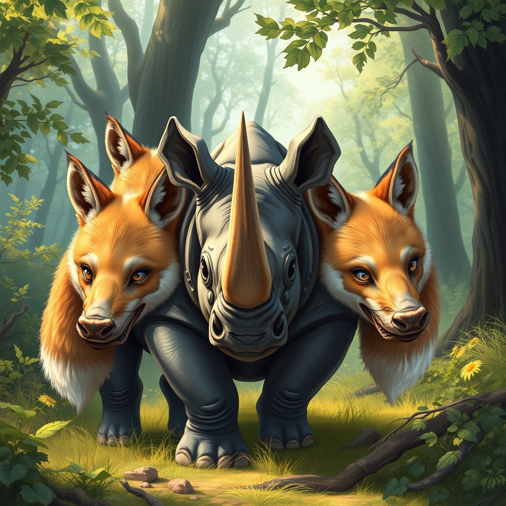 A captivating three-headed creature that fuses the sturdy body of a rhinoceros with the cunning heads of foxes