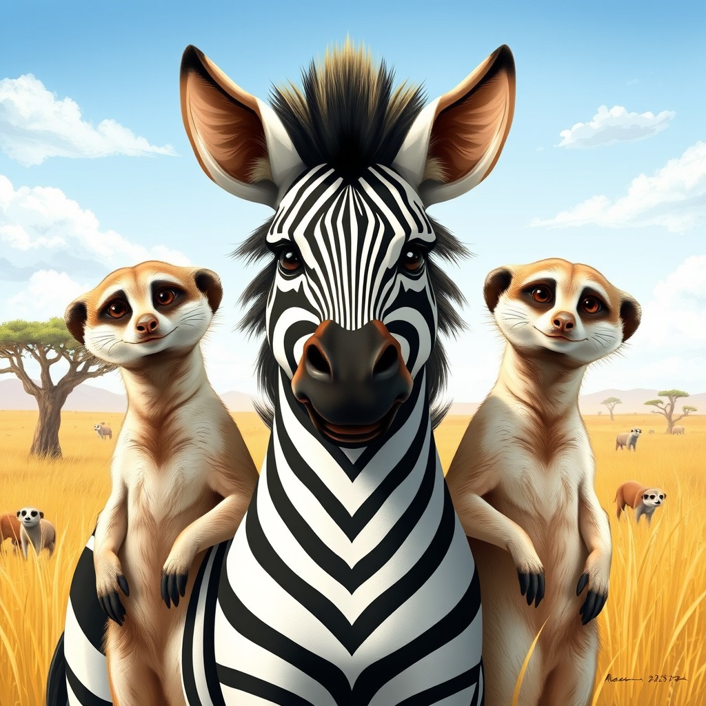 An imaginative three-headed creature that combines the striking body of a zebra with the charming heads of meerkats