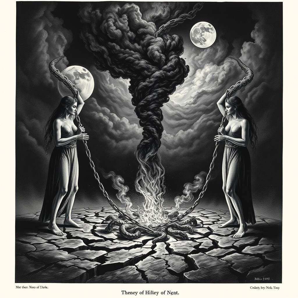 Three chained women stand at the center of a ritual awakening