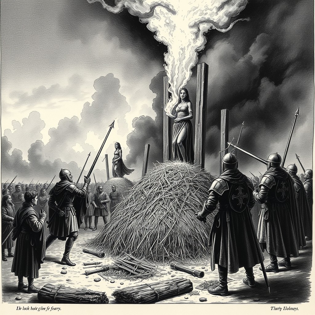 A dark medieval scene unfolds with villagers stepping back in fear as armored knights stand resolute, casting torches into a pile of dry hay beneath tall wooden stakes