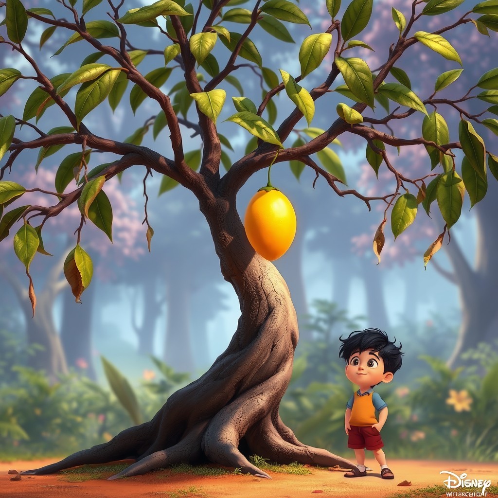 A dry and weak mango tree with drooping leaves and thin branches, prominently featuring a single glowing golden mango hanging from one of its branches