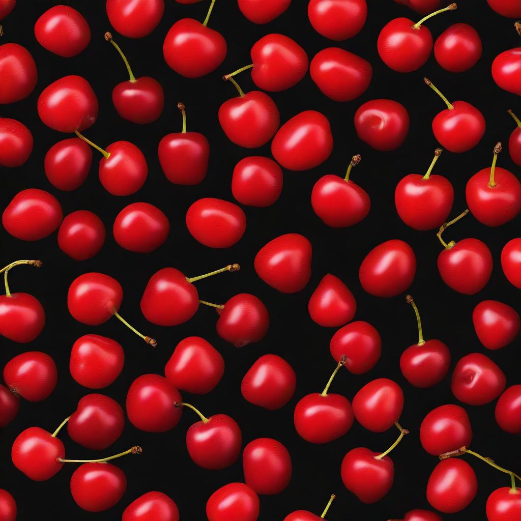 A black background filled with a multitude of vibrant red cherries.