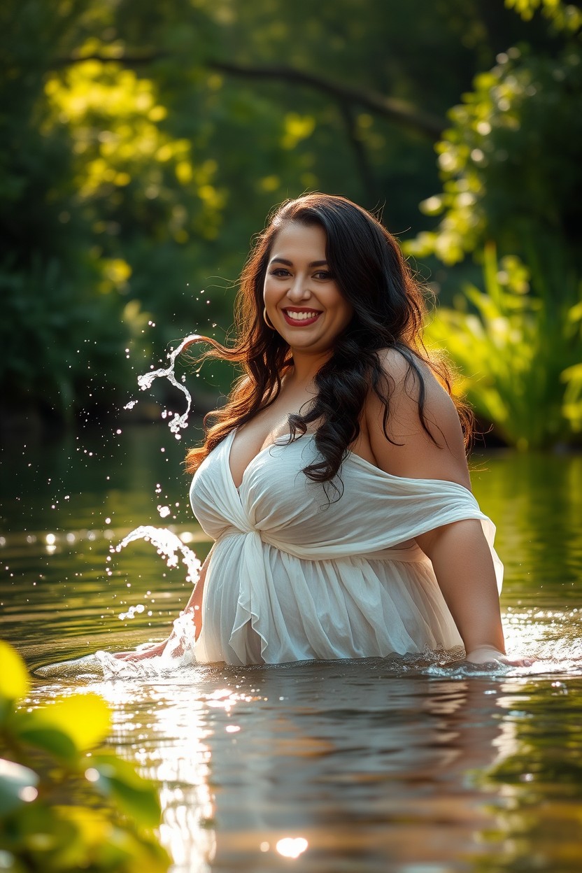 A curvy woman with an attractive large figure bathing in a serene river