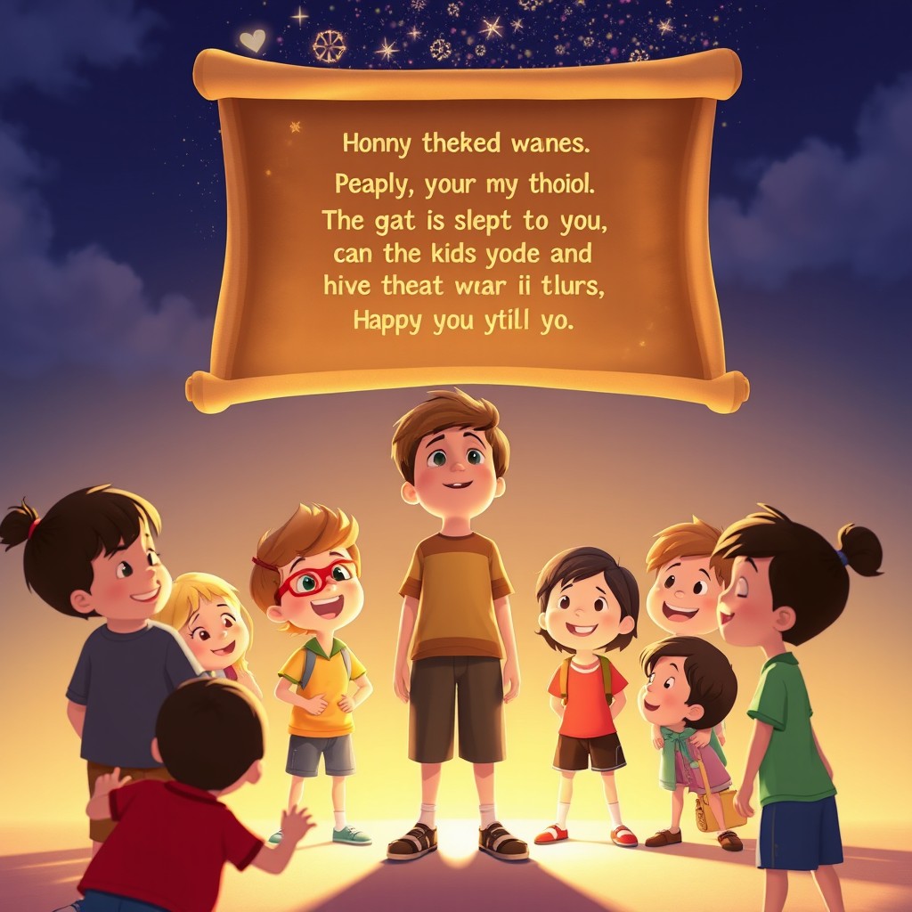 A heartwarming scene featuring the boy standing proudly at the center with a group of happy and joyful kids gathered around him