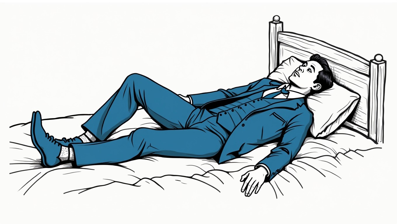 A comic-style illustration of a 30-year-old man lying on his back on a bed, unconscious, with his arms resting along his body