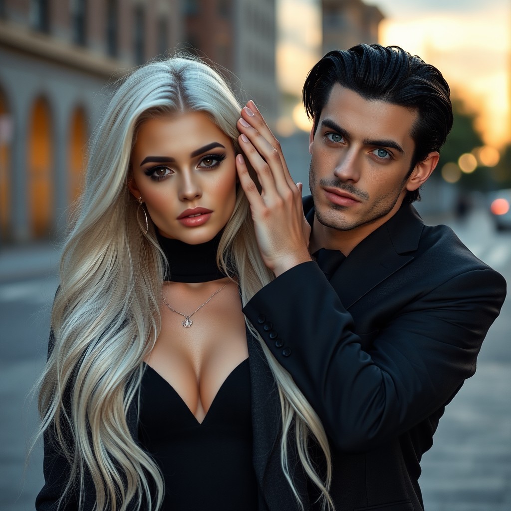 A young and beautiful woman with long, flowing white hair and striking dark eyes, wearing a stylish black outfit complemented by a sophisticated coat