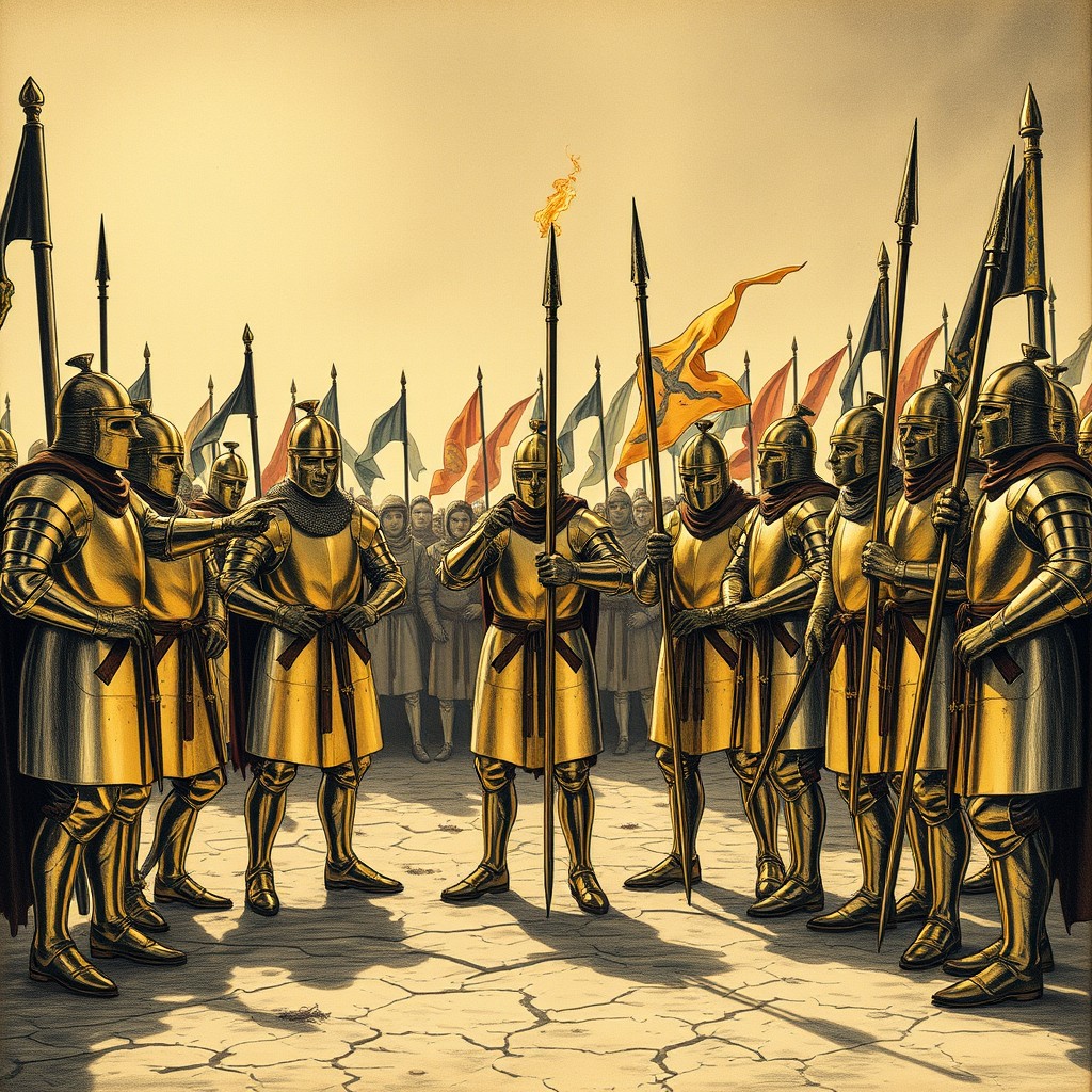 A group of royal militia knights stands in a semicircle before tall wooden stakes, their polished armor gleaming like molten gold under the harsh midday sun