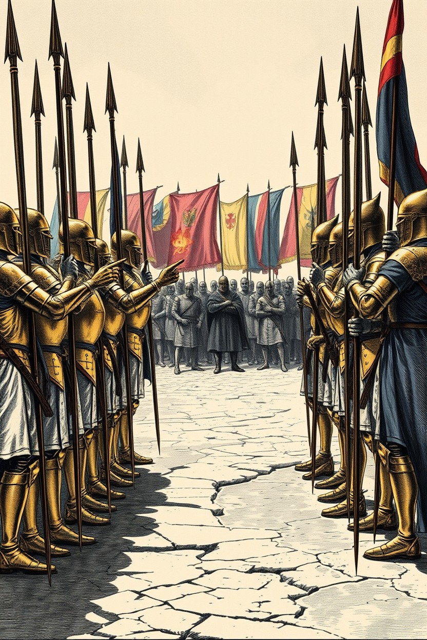 A group of royal militia knights stands in a semicircle before tall wooden stakes, their polished armor gleaming like molten gold under the harsh midday sun