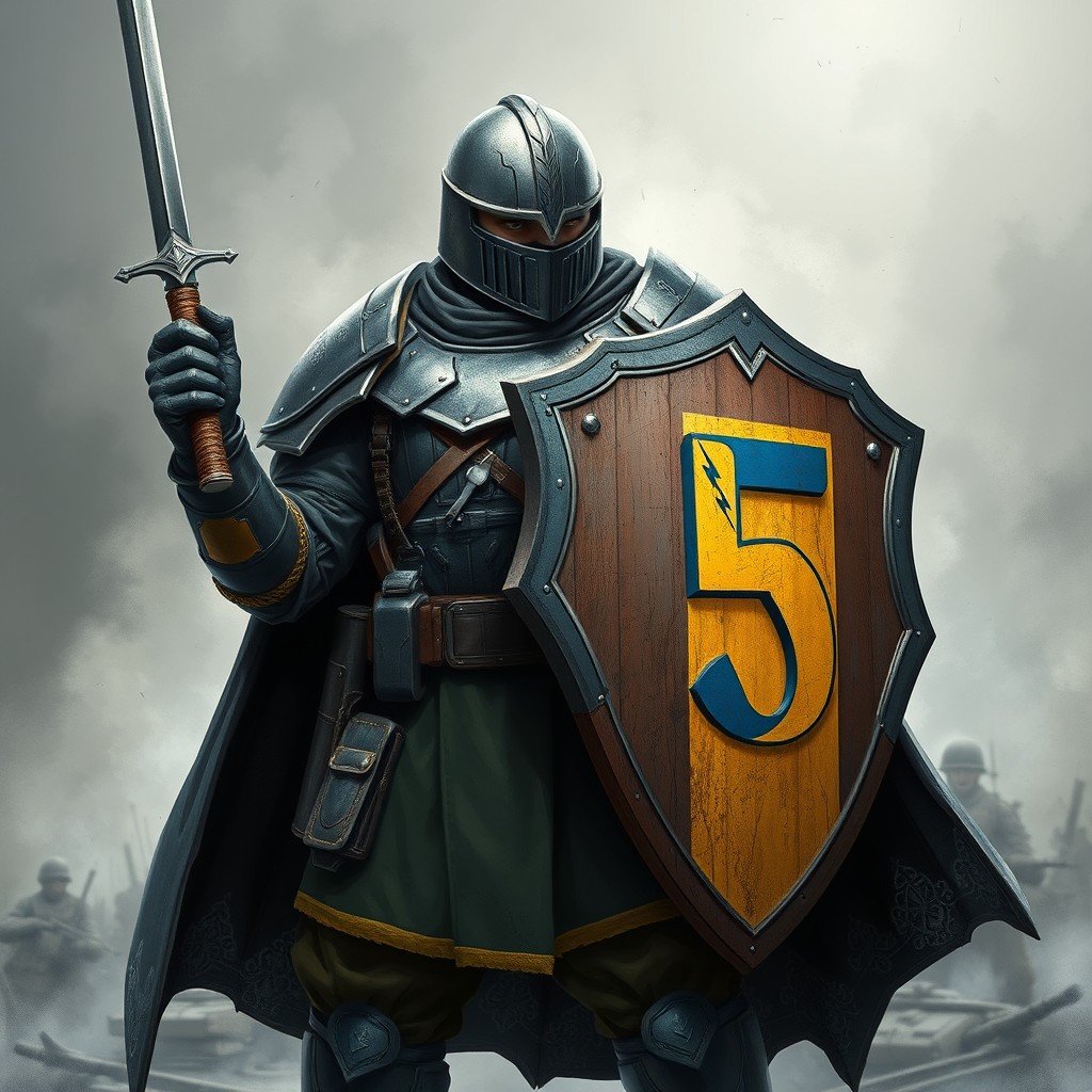 A powerful and heroic depiction of a Ukrainian soldier (ZSU) in battle armor, holding a sword in one hand and a shield in the other