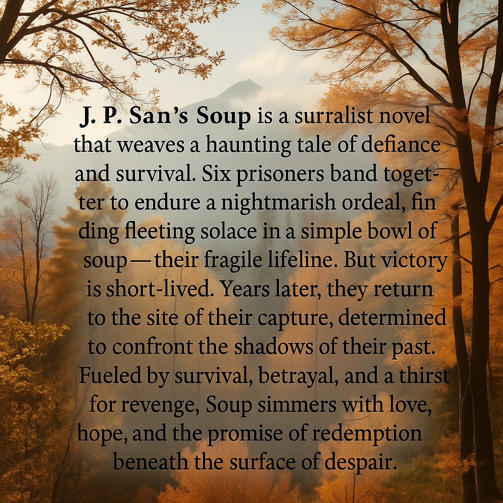 Add a textbox: J. P. San’s Soup is a surrealist novel that weaves a haunting tale of defiance and survival. Six prisoners band together to endure a nightmarish ordeal, finding fleeting solace in a simple bowl of soup—their fragile lifeline. But victory is short-lived. Years later, they return to the site of their capture, determined to confront the shadows of their past. Fueled by survival, betrayal, and a thirst for revenge, Soup simmers with love, hope, and the promise of redemption beneath the surface of despair.