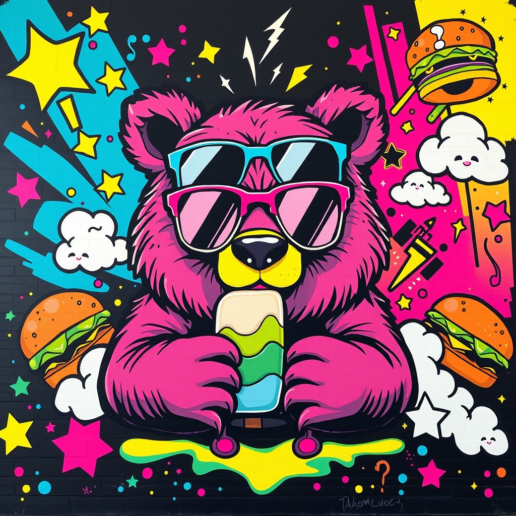 A Neo Pop Art and Graffiti Cartoon Style mural featuring a cute yet tough-looking bear at the center, wearing aggressive sunglasses