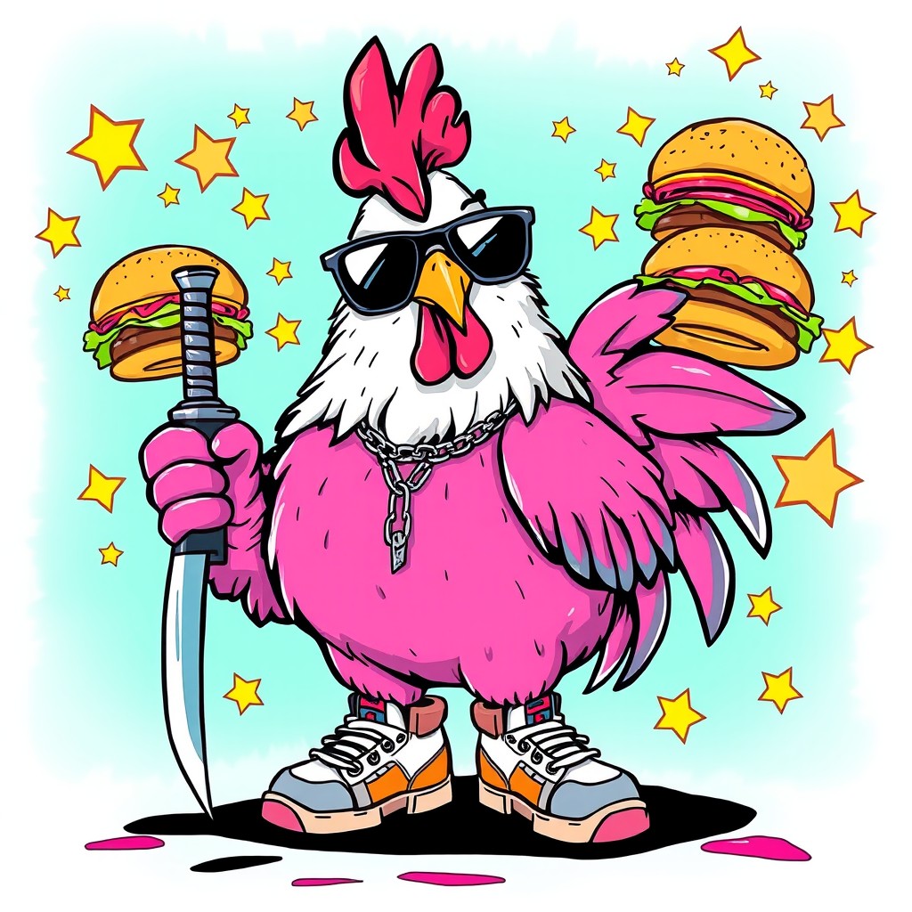 A badass chicken character in neo pop art and graffiti cartoon style, inspired by lowbrow art and urban kawaii, standing confidently with dark stylish sunglasses