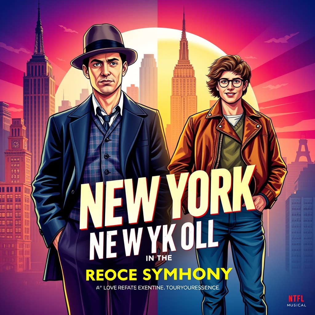A vibrant poster for a musical set in New York, showcasing two distinct eras: the early 20th century and the present day