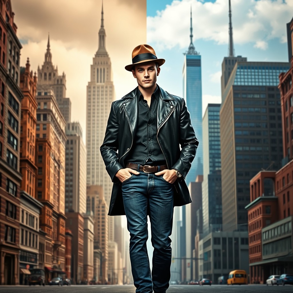 A realistic poster design for a theatrical musical set in both early 20th century New York and modern-day New York