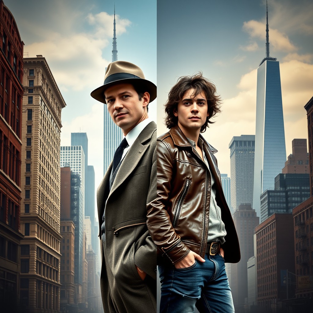 A highly realistic poster design for a theatrical musical set in both early 20th century New York and modern-day New York
