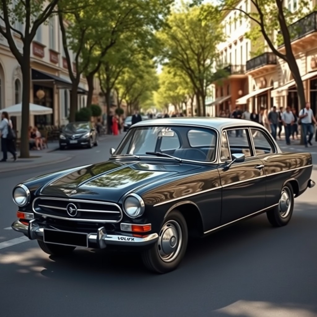 A black Volga 31221 car with a white roof, parked on a picturesque street lined with trees and vintage buildings