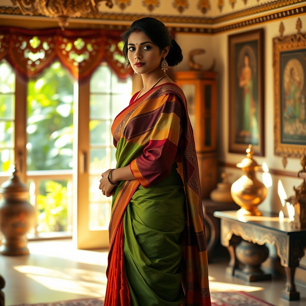 A beautiful Indian maid standing gracefully in a traditional colorful saree, with her hair neatly tied back, showcasing elegant features