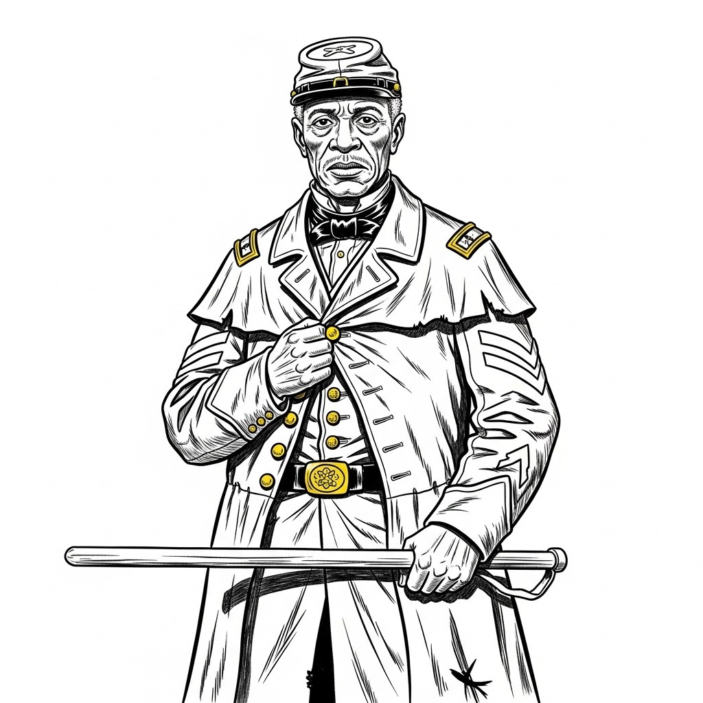 An illustration of a 60-year-old African American man in a shabby Union Colonel uniform from the American Civil War era