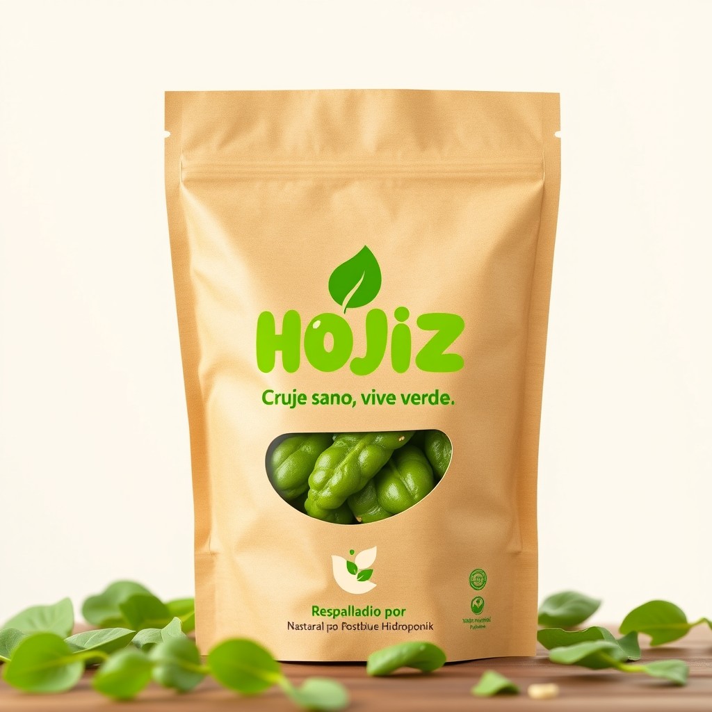 Eco-friendly packaging design for a healthy snack brand called "HOJIZ", made from hydroponic green leaves