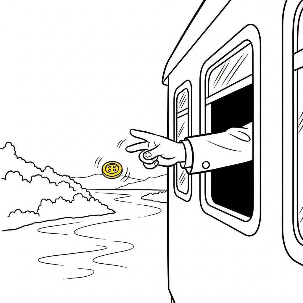 A comic-style image depicting a train window with a river visible in the background