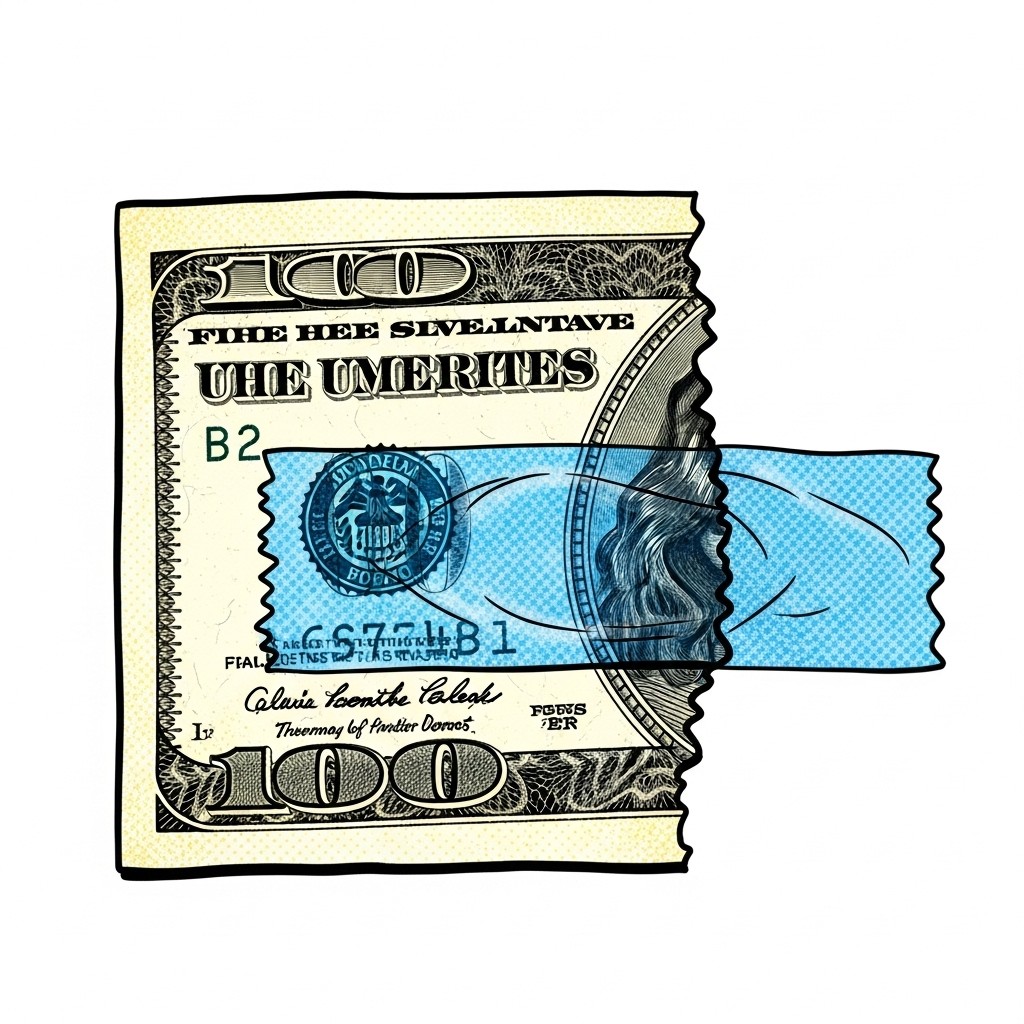 A comic-style image of a dollar banknote with a torn corner that is partially repaired with a blue, semi-transparent tape