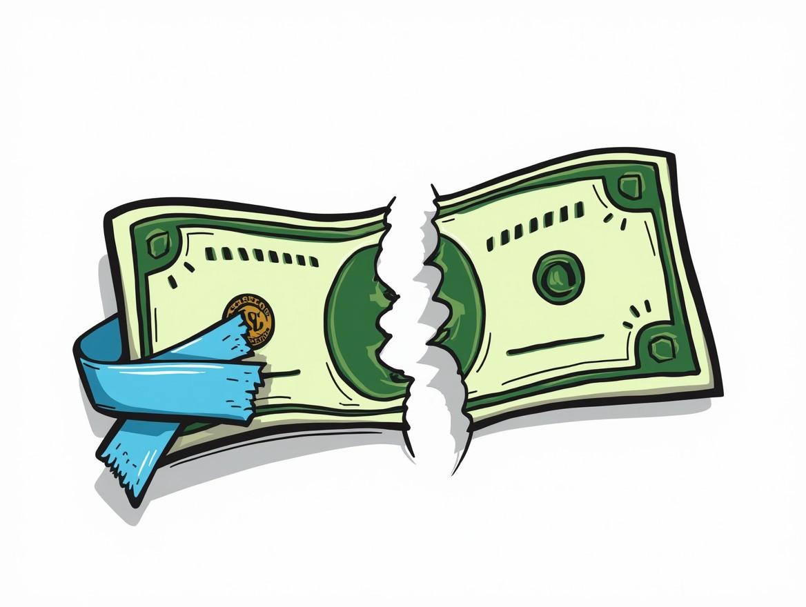 A comic-style illustration of a torn dollar banknote with one corner ripped and partially taped back together with blue, semi-transparent tape