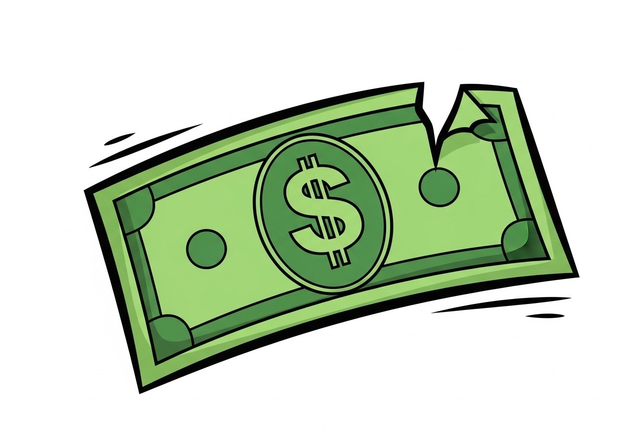 A comic-style illustration of a dollar banknote with a torn corner