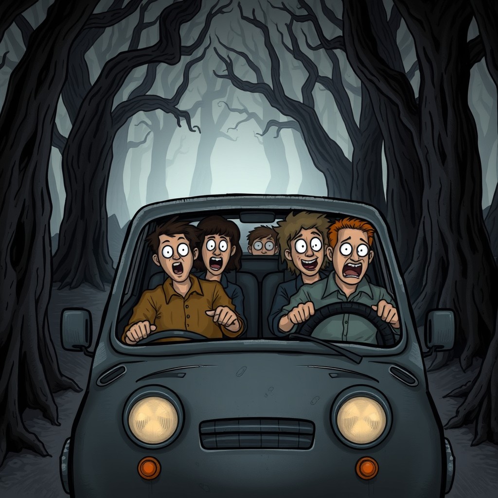 A small vehicle with four passengers squeezed tightly inside like sardines, no roof