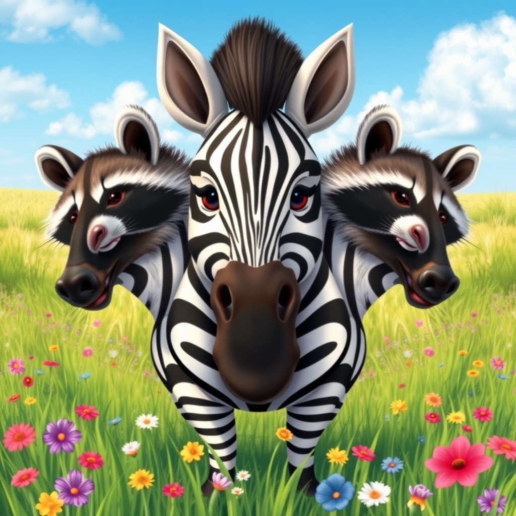 An imaginative three-headed creature that features the robust body of a zebra complemented by the playful heads of raccoons