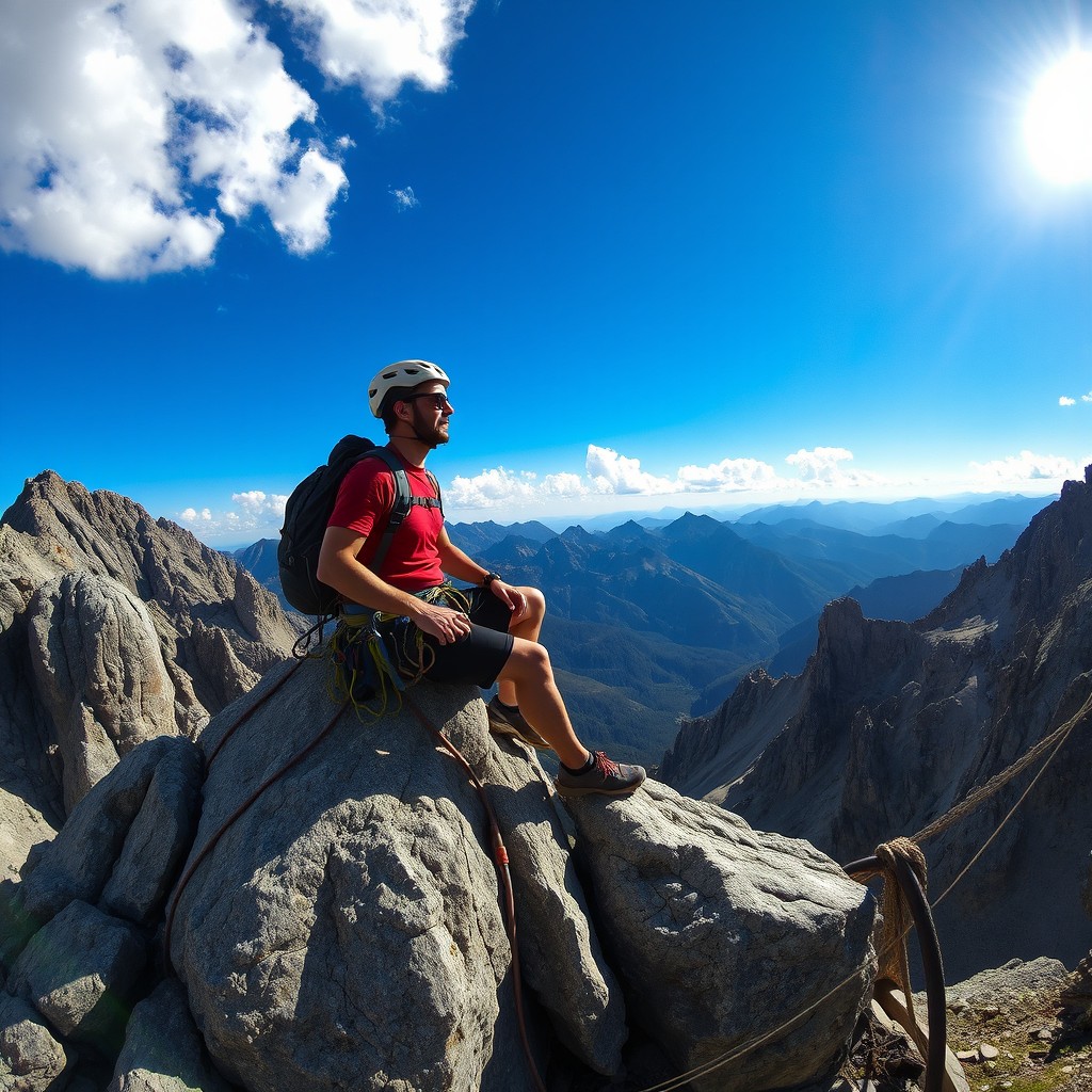 A rock climber sitting on a rocky outcrop, surrounded by stunning mountain scenery