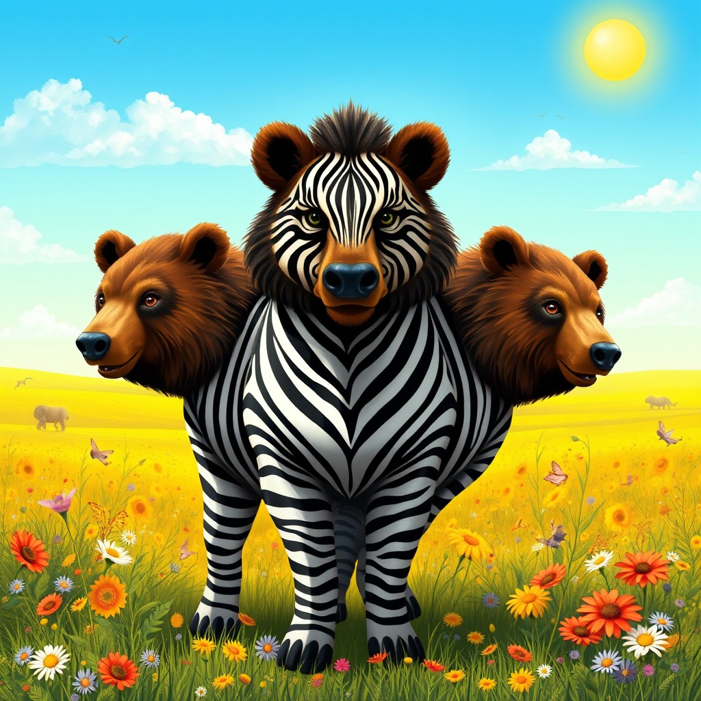 An enchanting three-headed creature that combines the striking body of a zebra with the powerful heads of bears