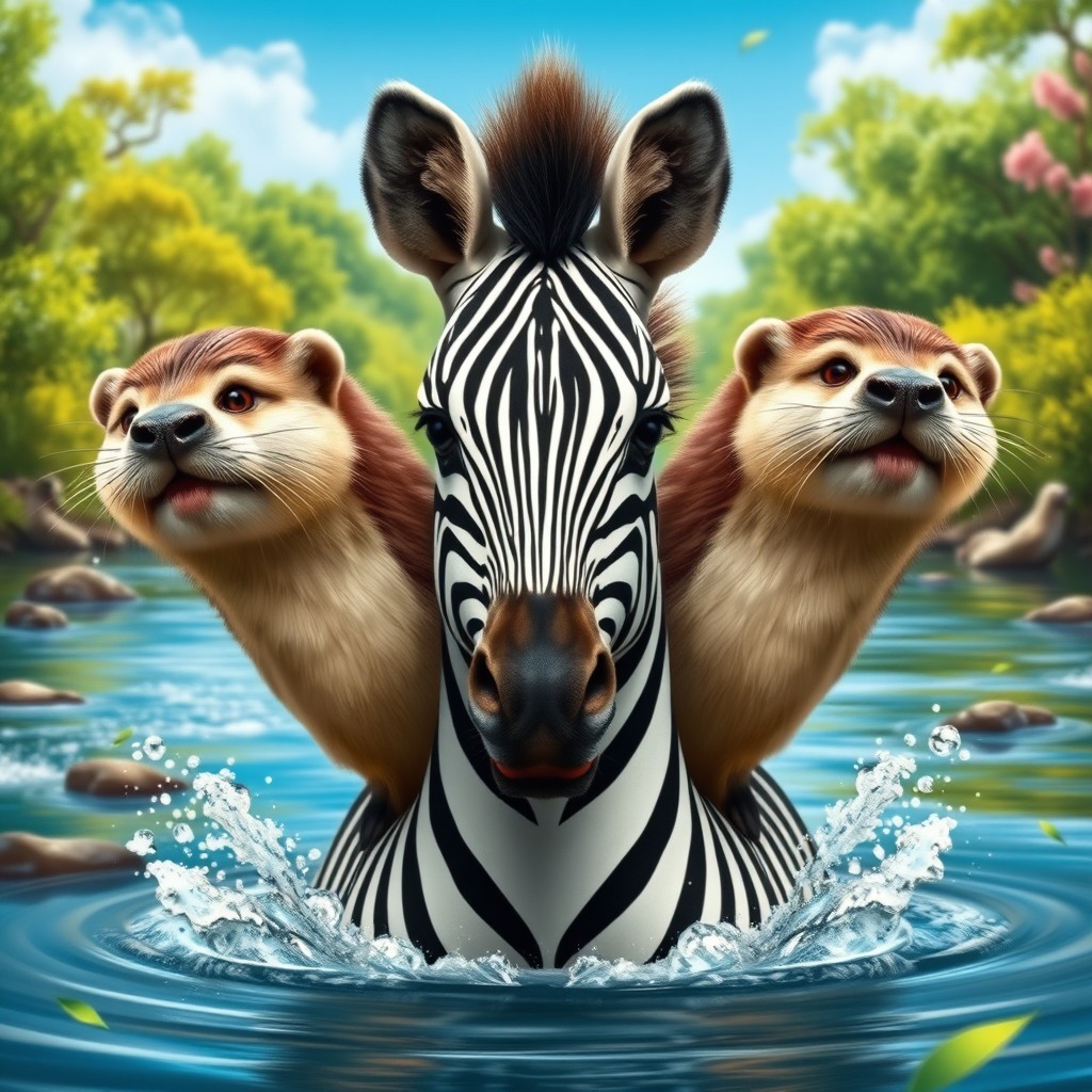 An imaginative three-headed creature that features the sleek body of a zebra complemented by the playful heads of otters