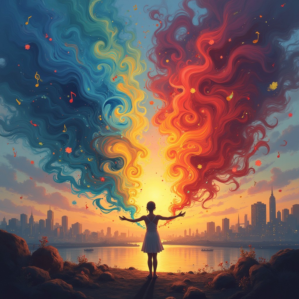 A vibrant and expressive digital painting depicting a metaphorical symphony of thoughts where creativity meets emotion