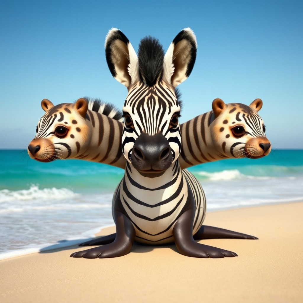 A whimsical three-headed creature that features the sleek body of a zebra paired with the charming heads of seals