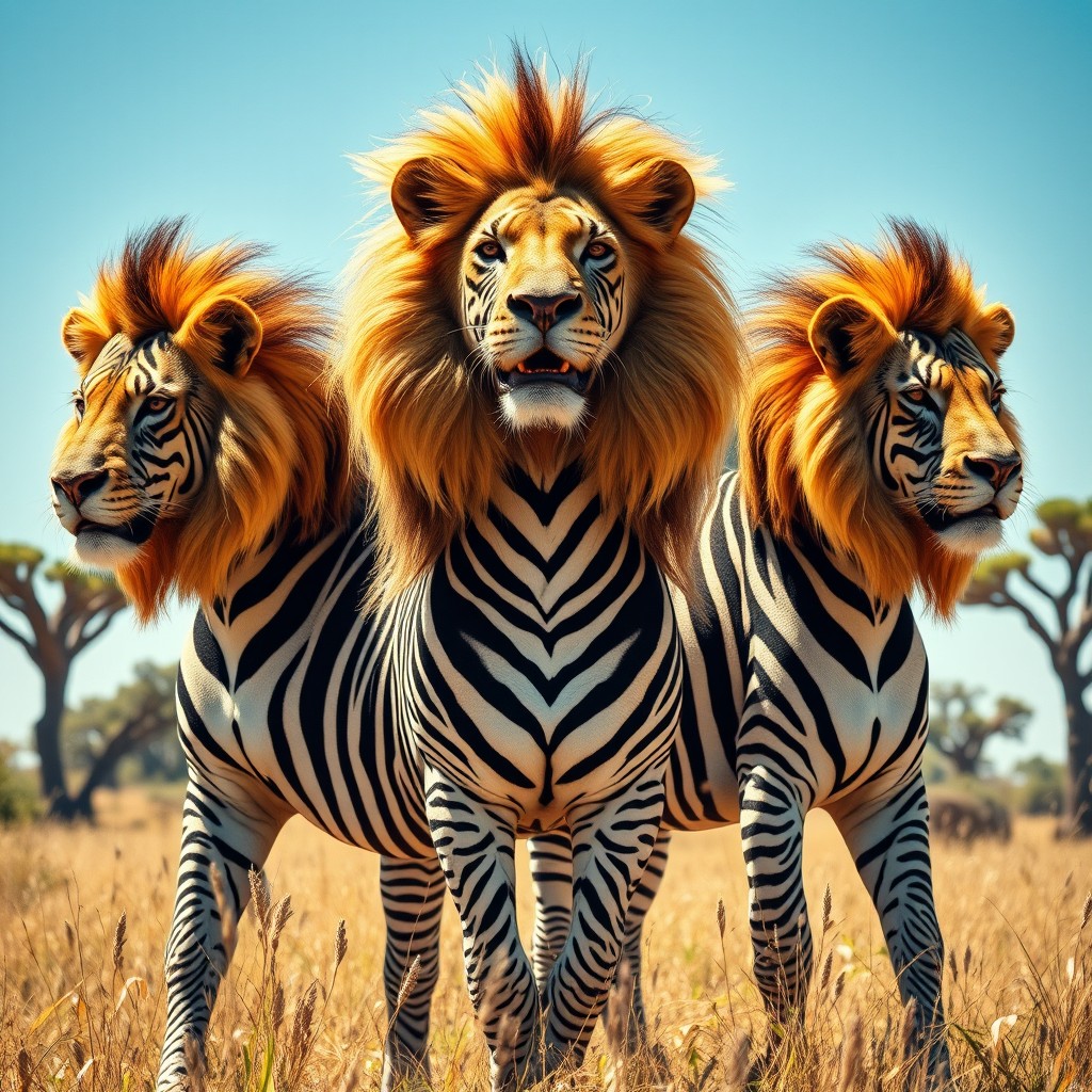 A majestic three-headed creature that combines the striking body of a zebra with the regal heads of lions