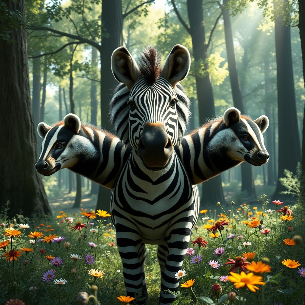 A fantastical three-headed creature that combines the striking body of a zebra with the unique heads of badgers