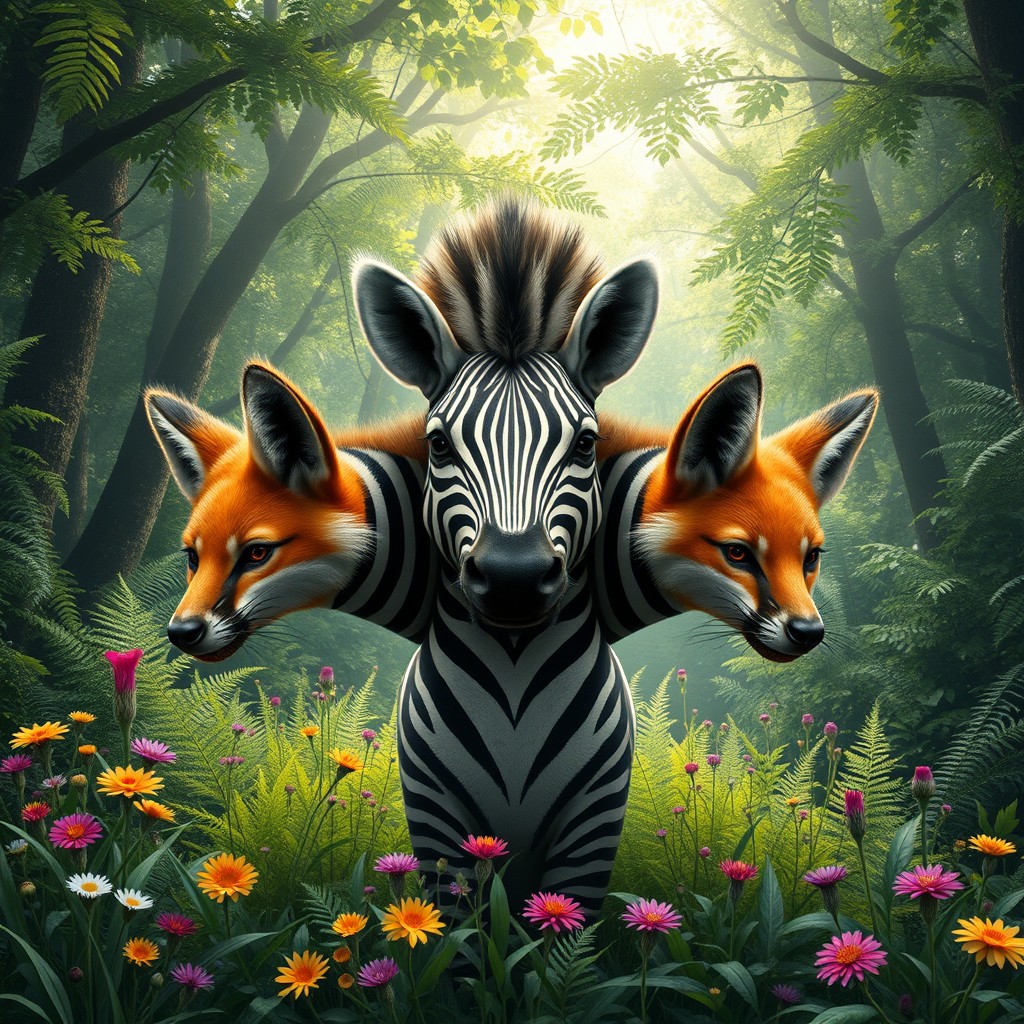 A fantastical three-headed creature that combines the striking form of a zebra with the cunning heads of foxes