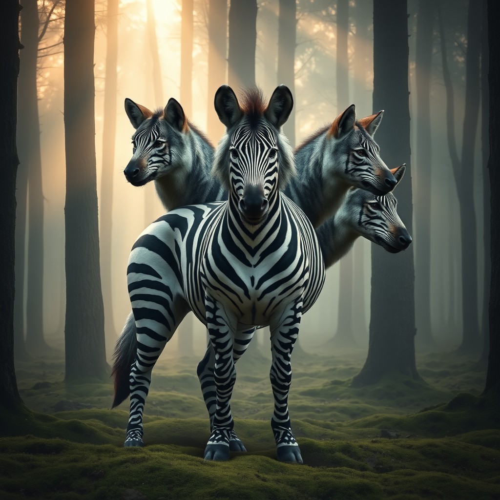 A captivating three-headed creature that merges the distinctive body of a zebra with the fierce heads of wolves