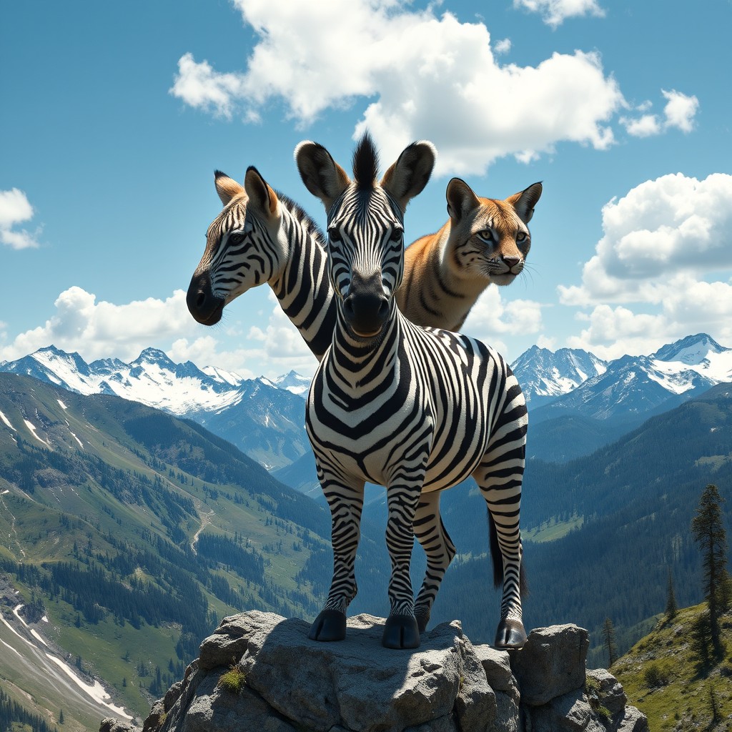 An extraordinary three-headed creature that fuses the elegant form of a zebra with the captivating heads of lynxes