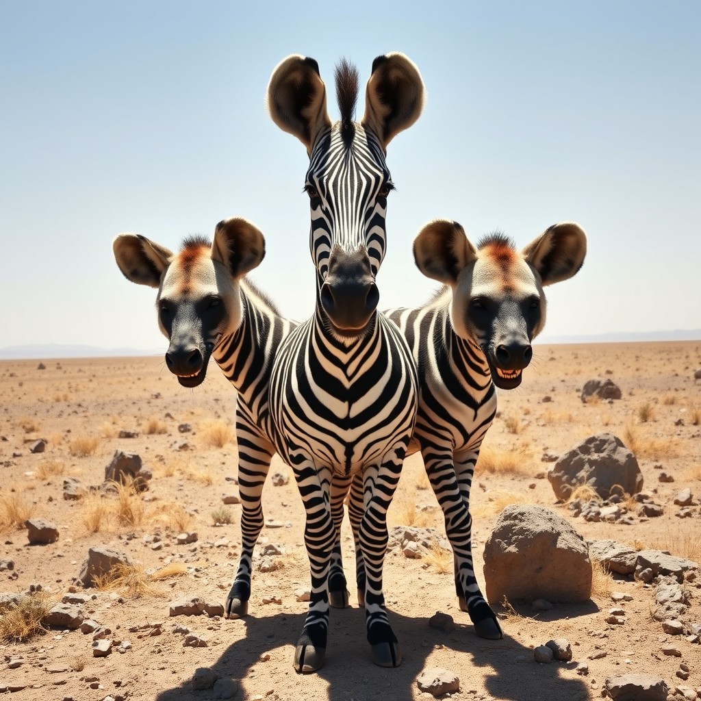 An intriguing three-headed creature that combines the unique body of a zebra with the mischievous heads of hyenas