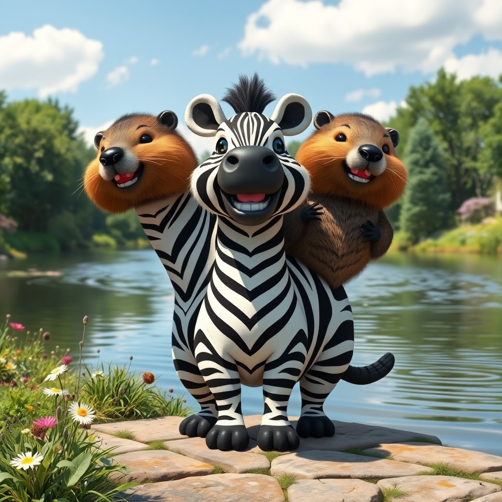 A whimsical three-headed creature that combines the playful body of a zebra with the charming heads of beavers