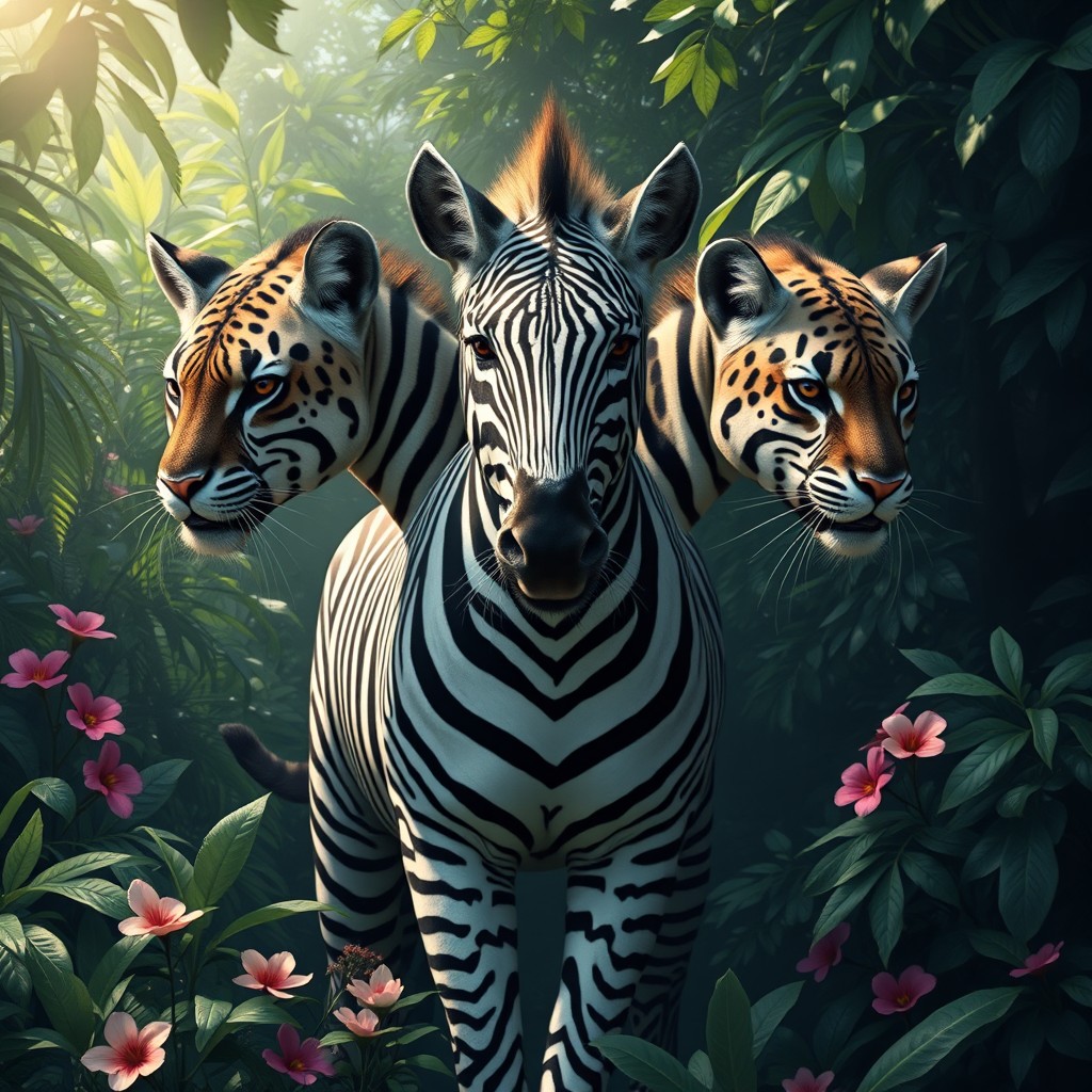 A captivating three-headed creature that merges the sleek body of a zebra with the elegant heads of panthers