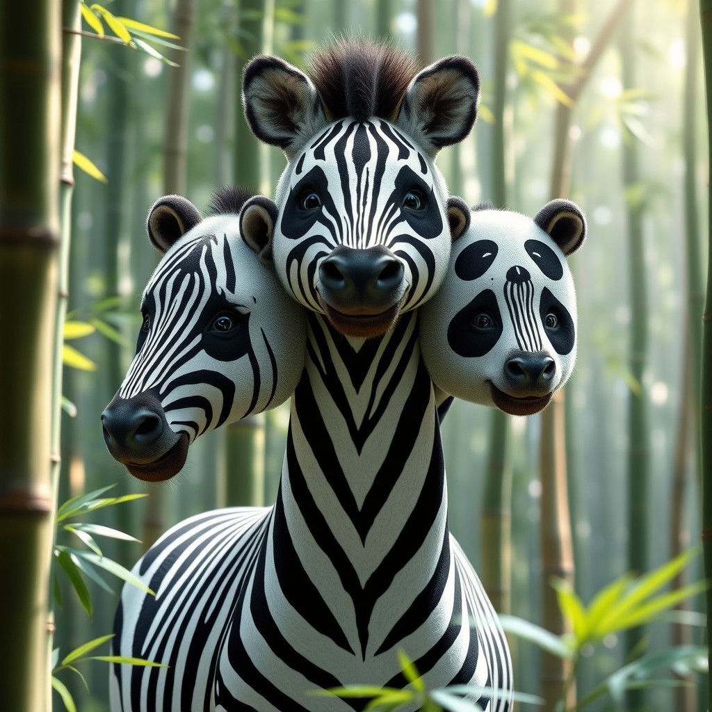 A delightful three-headed creature that features the majestic body of a zebra seamlessly blended with the adorable heads of pandas