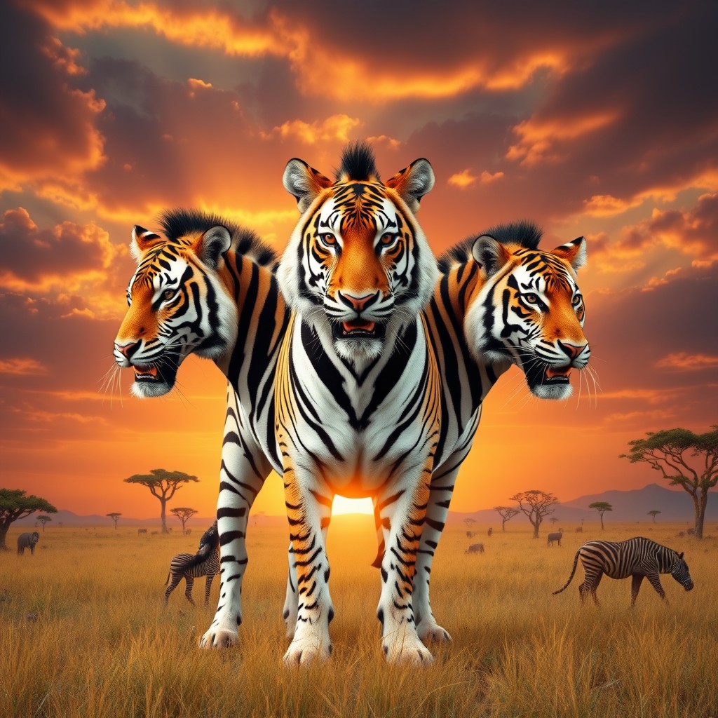 An extraordinary three-headed creature that beautifully combines the powerful body of a zebra with the fierce heads of tigers