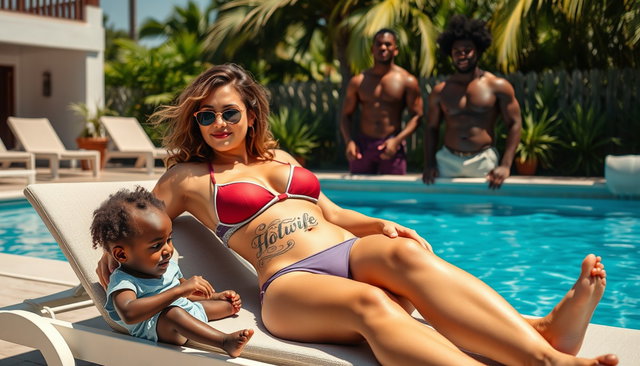 A sexy mature 35-year-old Latina woman with a medium build and light skin, featuring thick legs adorned with a 'hotwife' tattoo on her abdomen, lounging on a sunbed in a small bikini next to a swimming pool