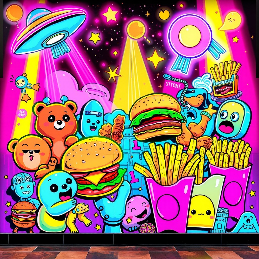A colorful and fun wall mural illustration for a street food restaurant, featuring a vibrant and playful scene filled with street-style elements and a kawaii aesthetic