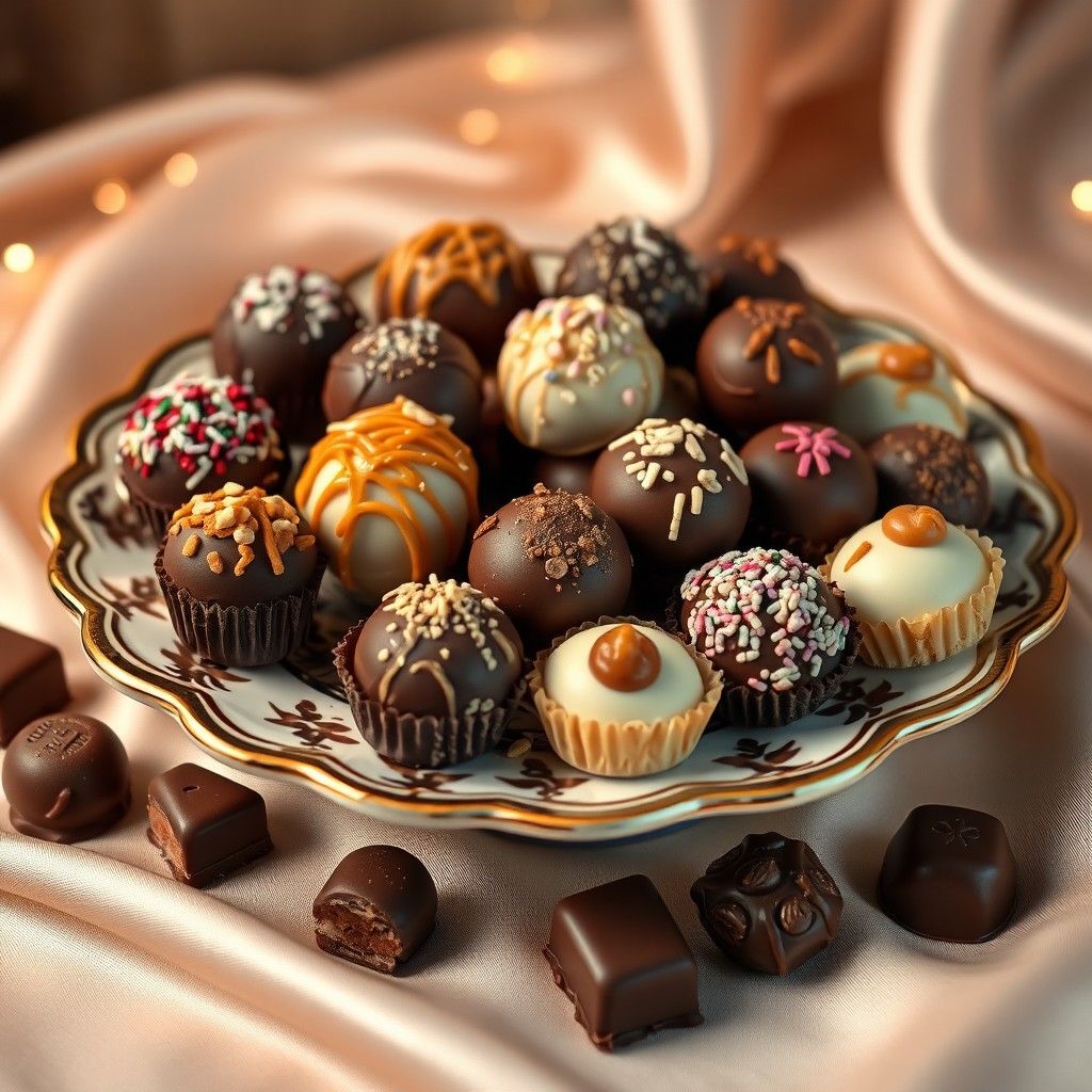 An assortment of luxurious chocolate truffles displayed elegantly on a decorative plate