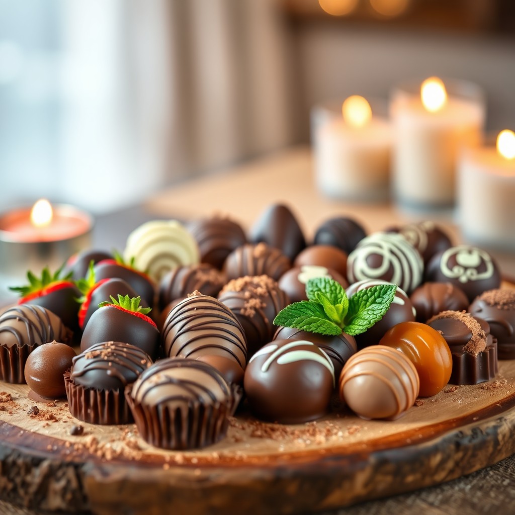 An inviting display of assorted gourmet chocolates arranged beautifully on a wooden platter