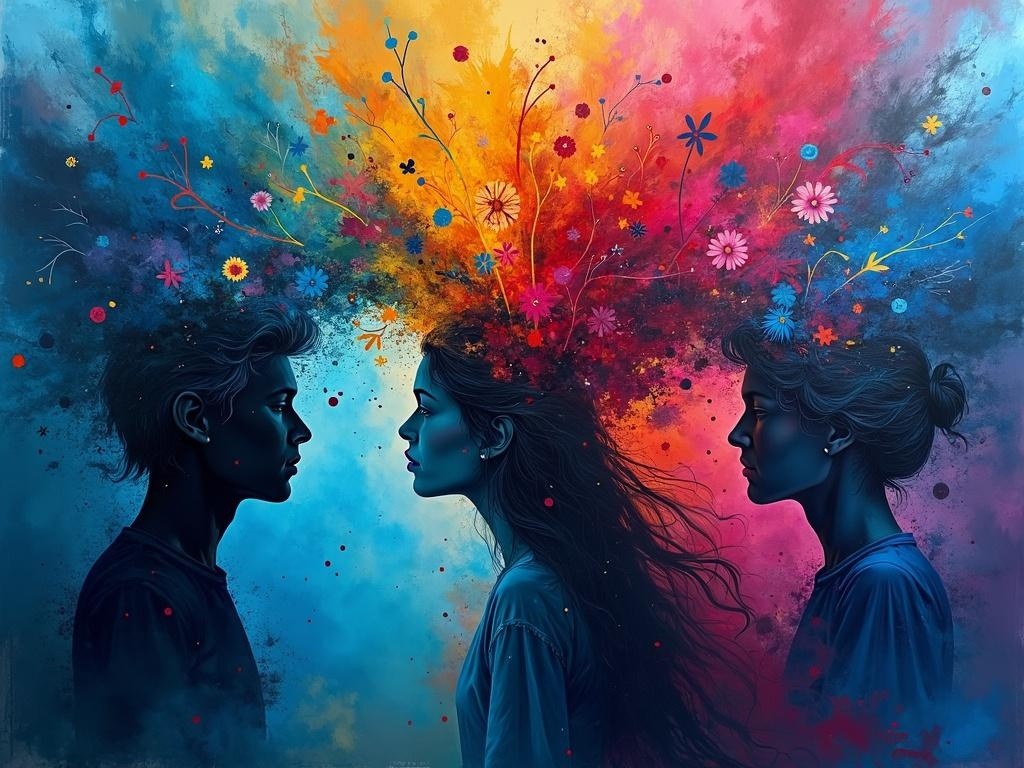 An expressive blending of colors and thoughts, where dark blue represents individual thoughts