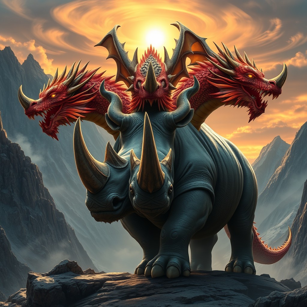 An awe-inspiring three-headed creature that combines the robust body of a rhinoceros with the fierce and majestic heads of dragons